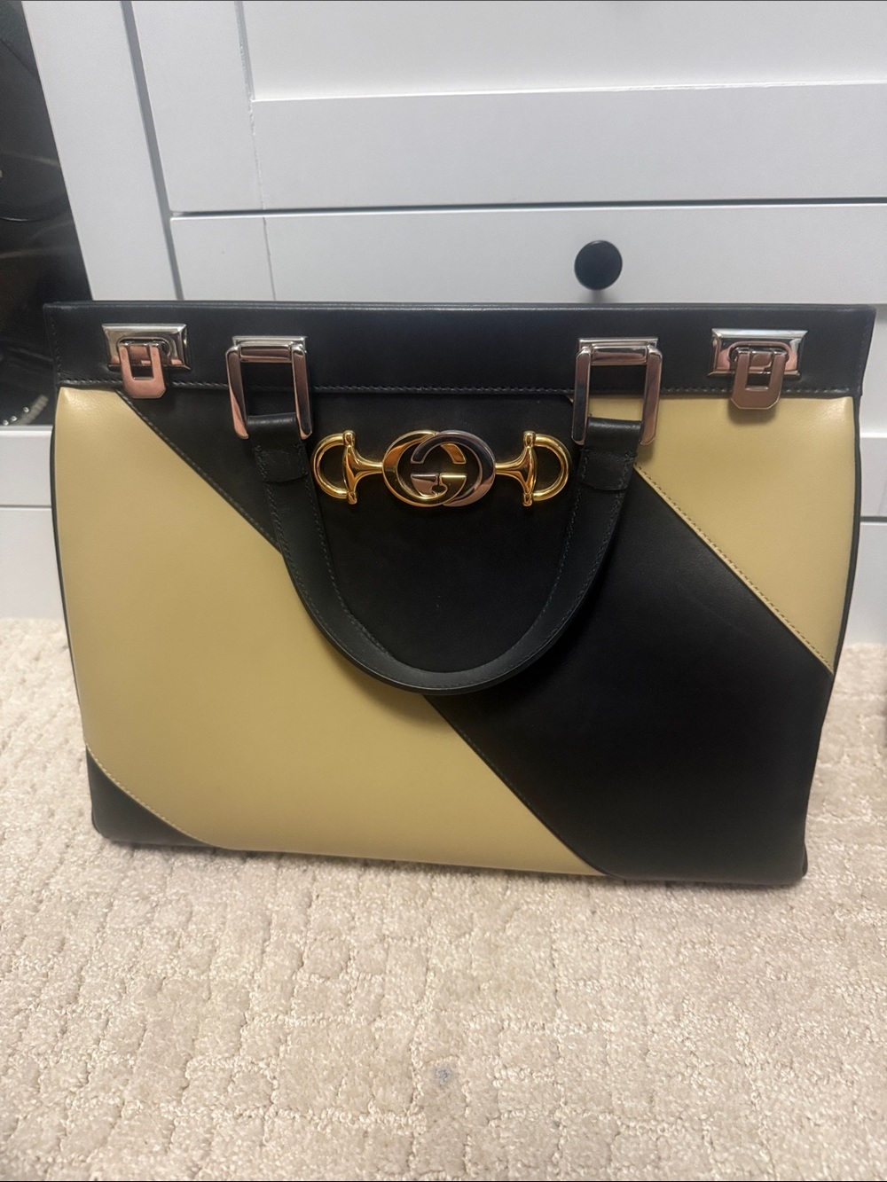 Gucci Black and Beige Two-Tone Leather Satchel with Gold and Silver Hardware